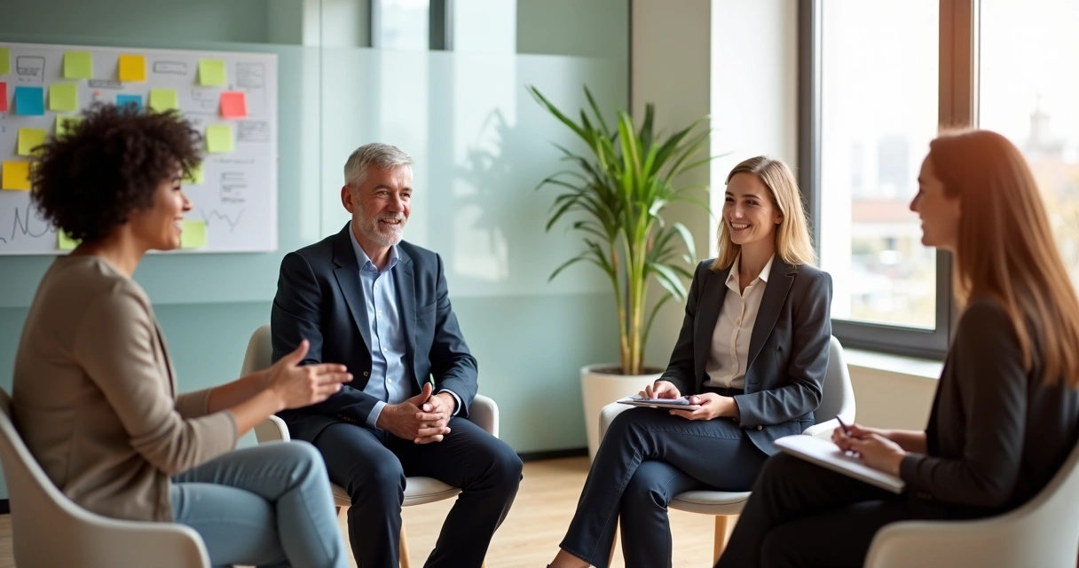 Líder escuchando retroalimentación de su equipo en un espacio seguro de conversación 