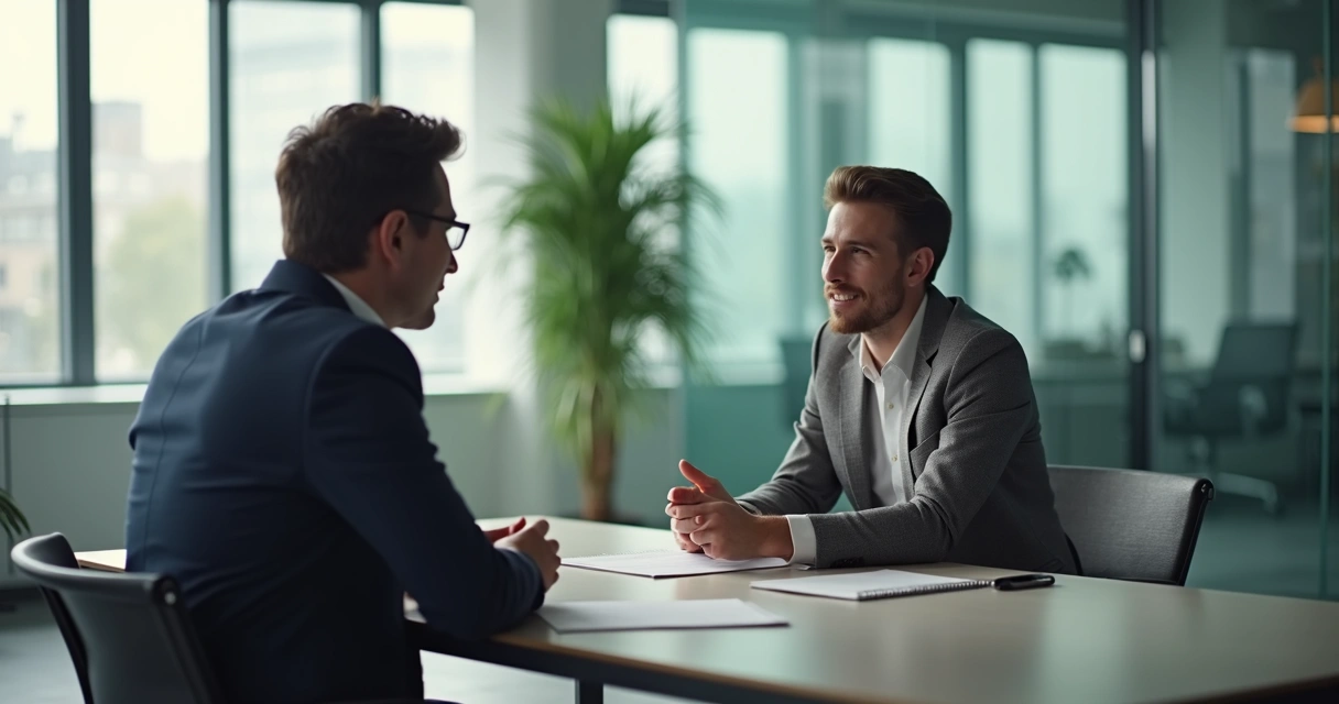 Líder ouvindo atentamente colaborador em uma sala de escritório moderna