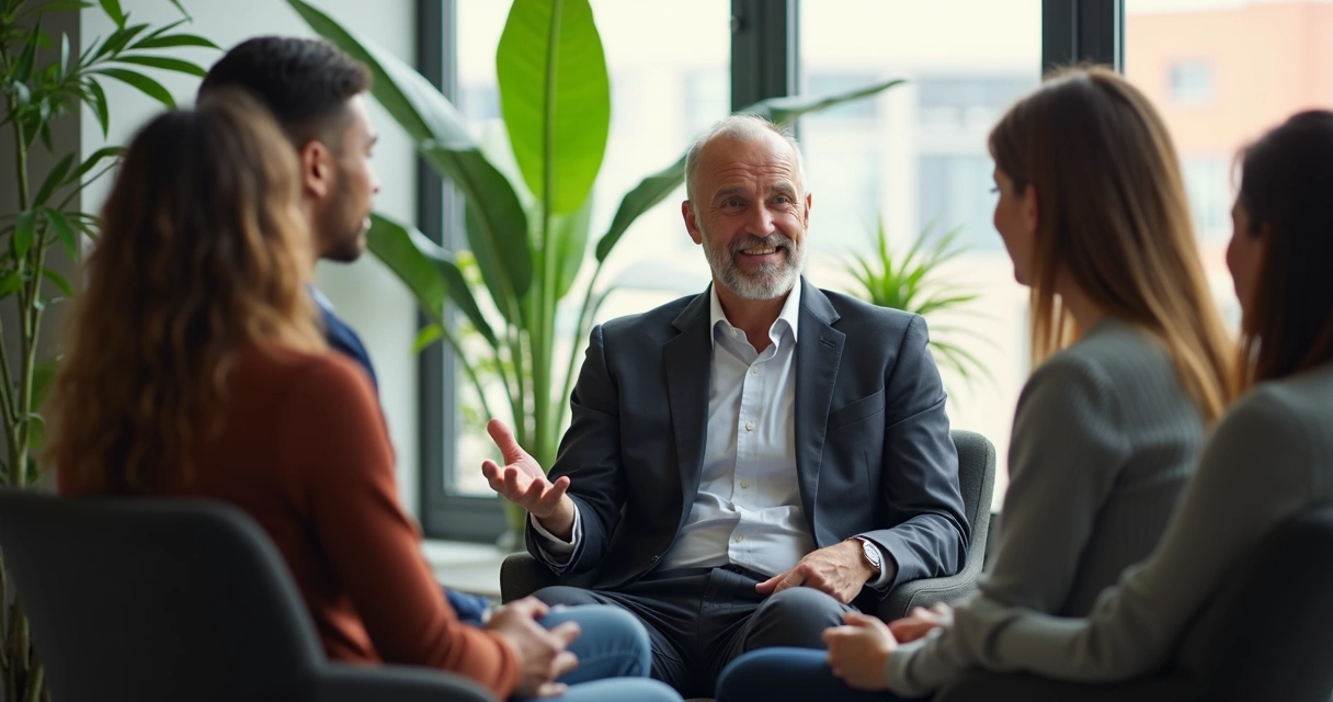 Líder empresarial sentado conversando com equipe de forma acolhedora e atenta.