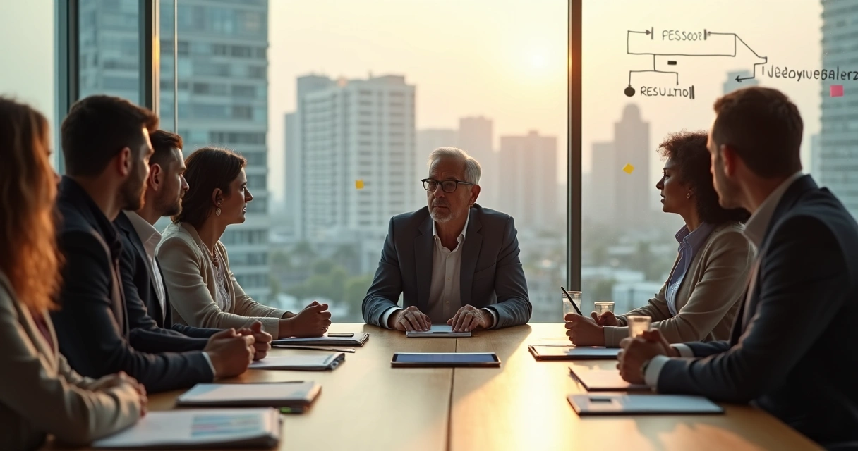 Líder ouvindo atentamente equipe em reunião ao redor de mesa 