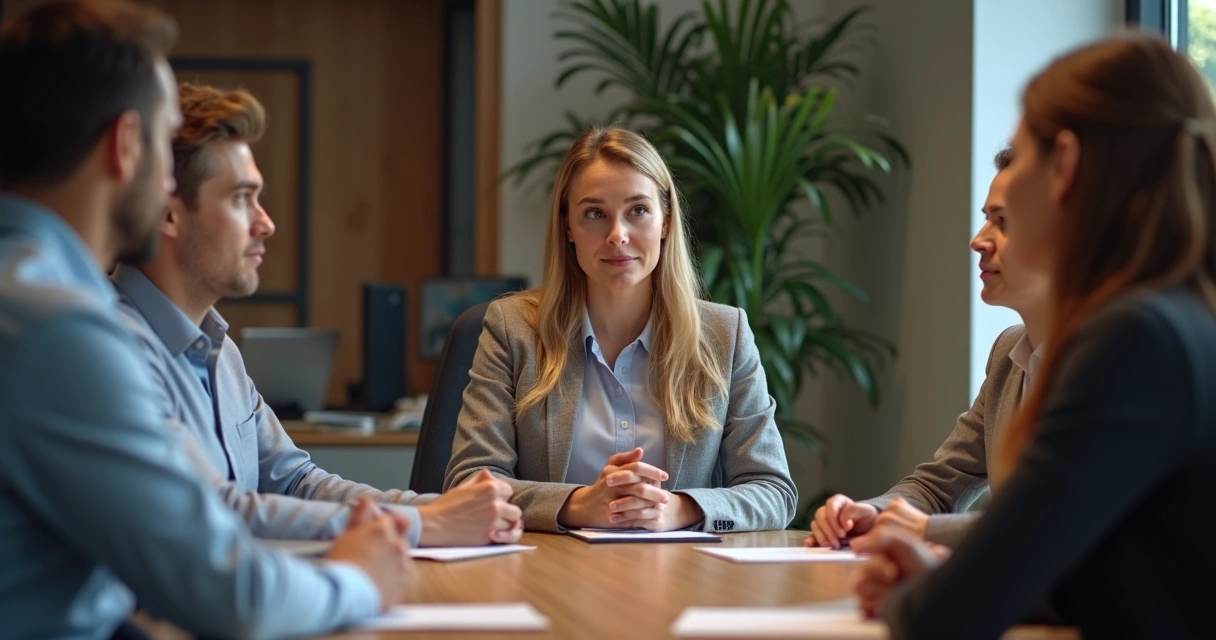 Líder ouvindo atentamente membros da equipe em roda 