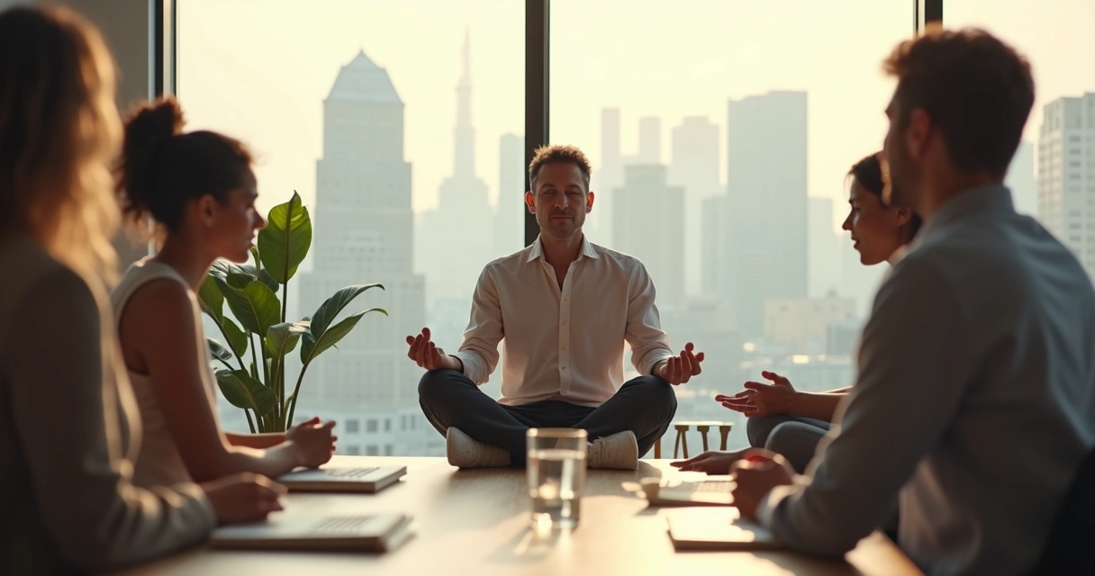 Líder em posição de meditação ouvindo equipe em círculo em sala de reunião minimalista 