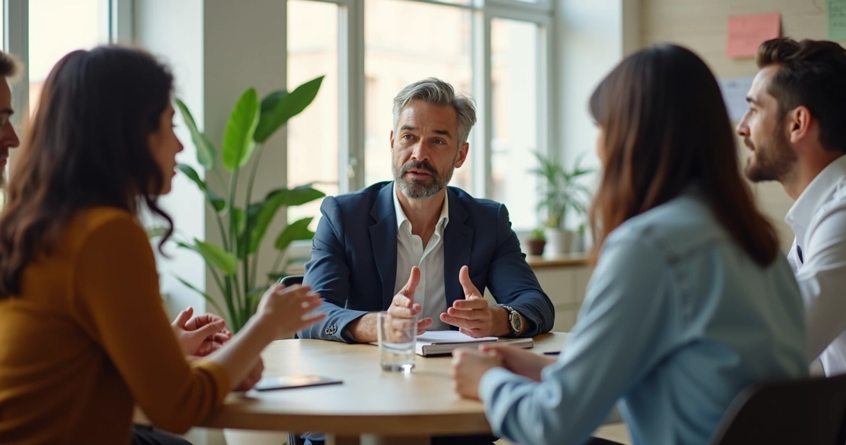 Líder praticando escuta ativa em reunião com equipe em círculo 