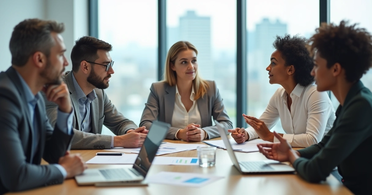 Líder ouvindo atentamente colega em reunião de equipe em sala moderna 