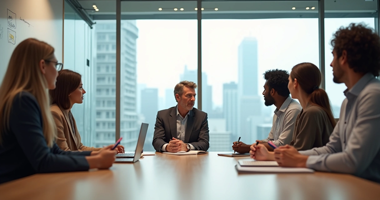 Líder ouvindo atentamente colega em reunião de equipe em escritório moderno 