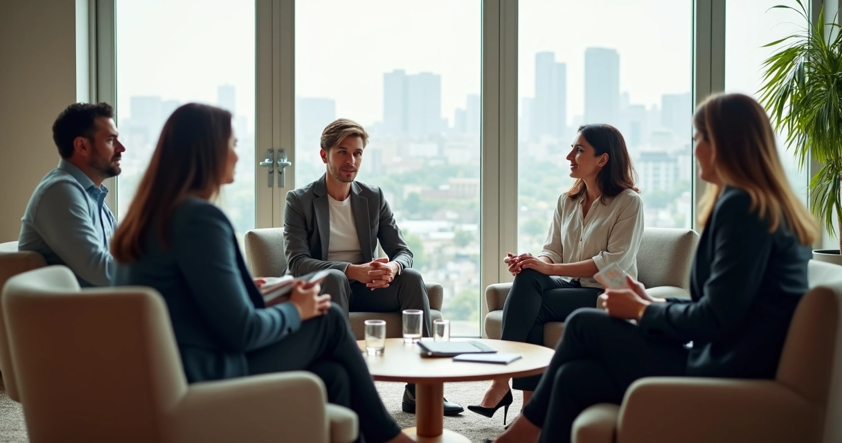 Liderança ouvindo equipe em círculo em sala de reunião moderna 