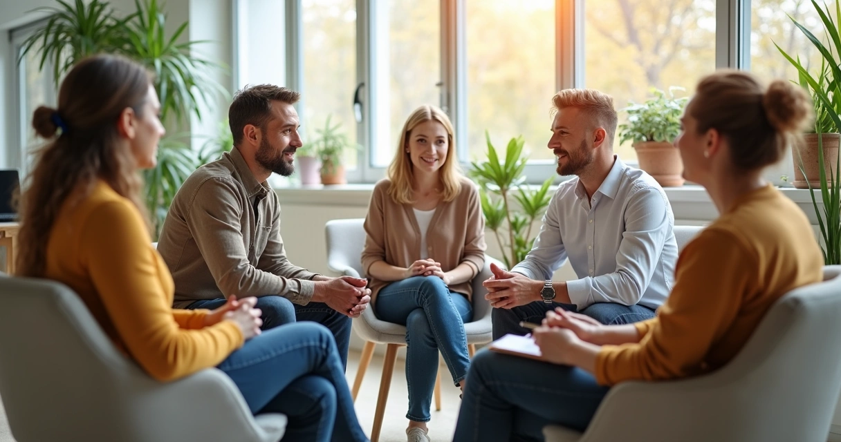 Líder sentado ouvindo equipe em círculo em escritório iluminado 