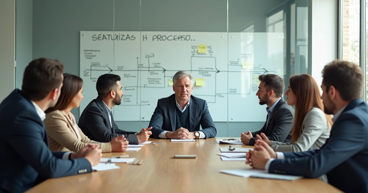 Líder maduro ouvindo equipe em reunião sobre mudança organizacional 