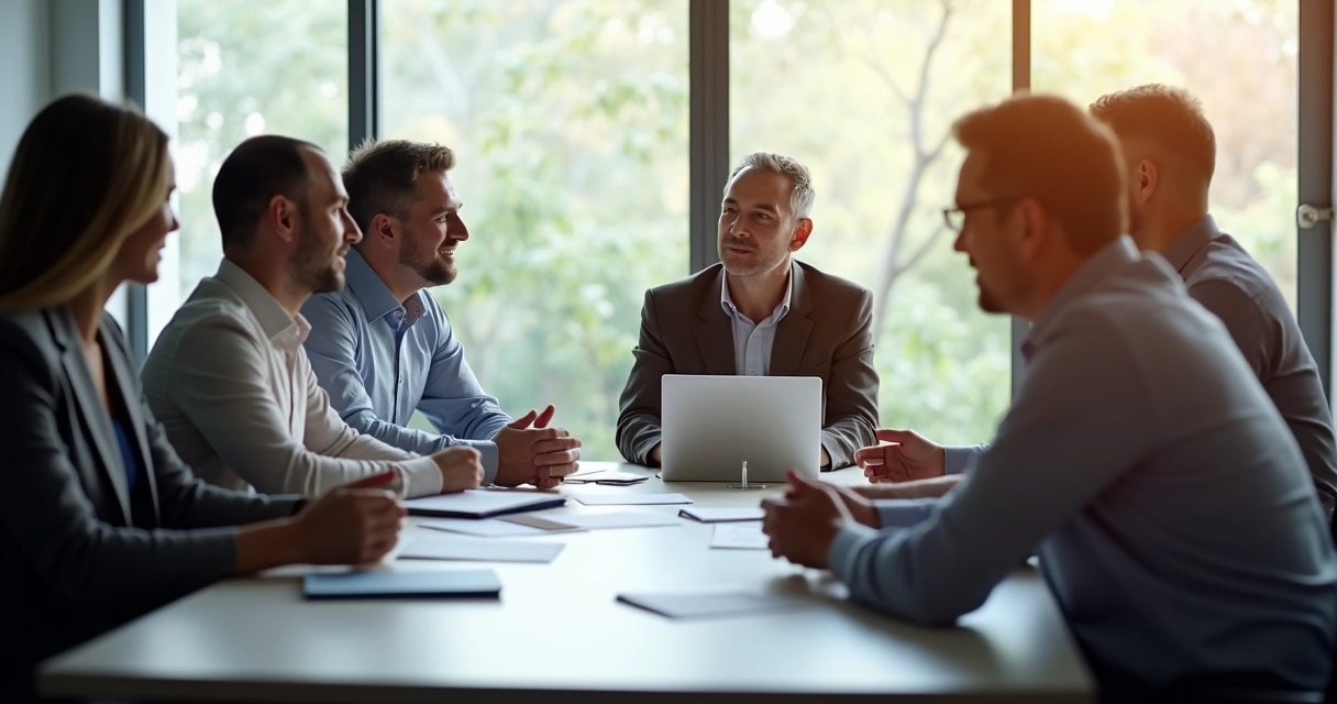 Líder ouvindo atentamente equipe em reunião. 