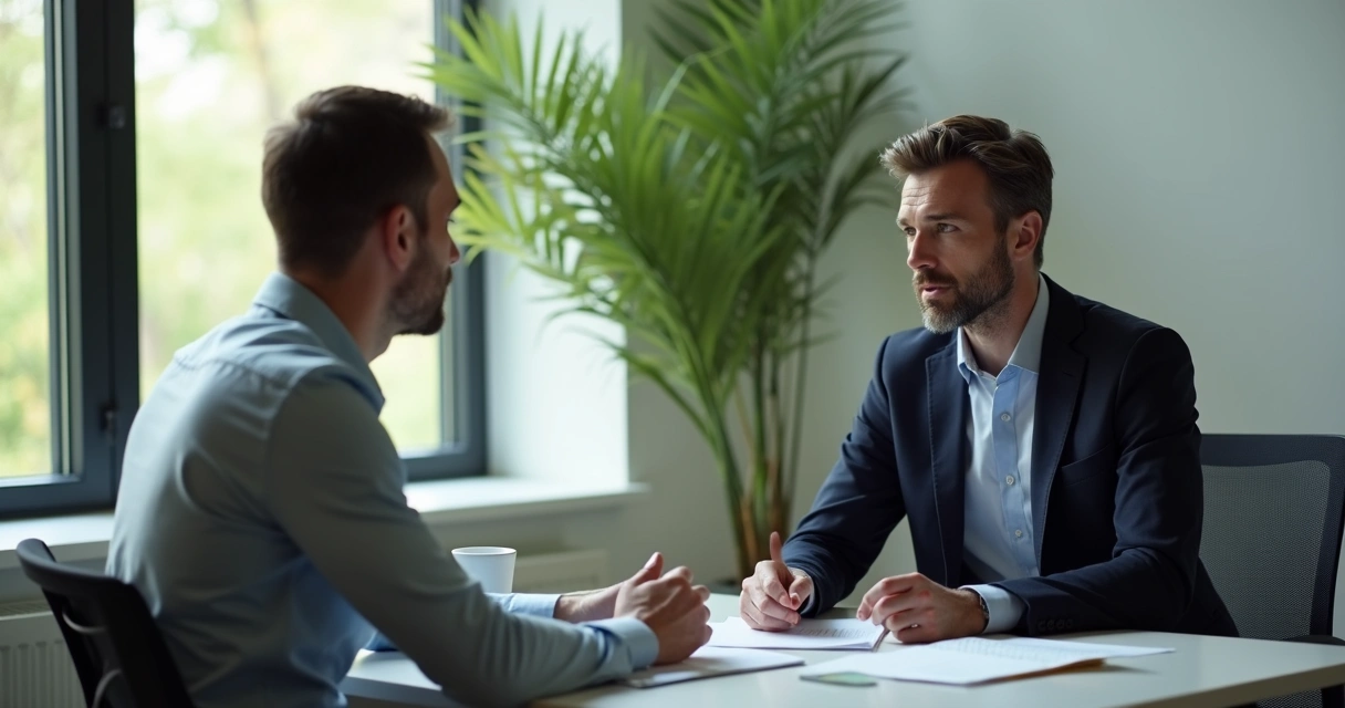 Líder ouvindo atenciosamente colaborador em ambiente profissional tranquilo.