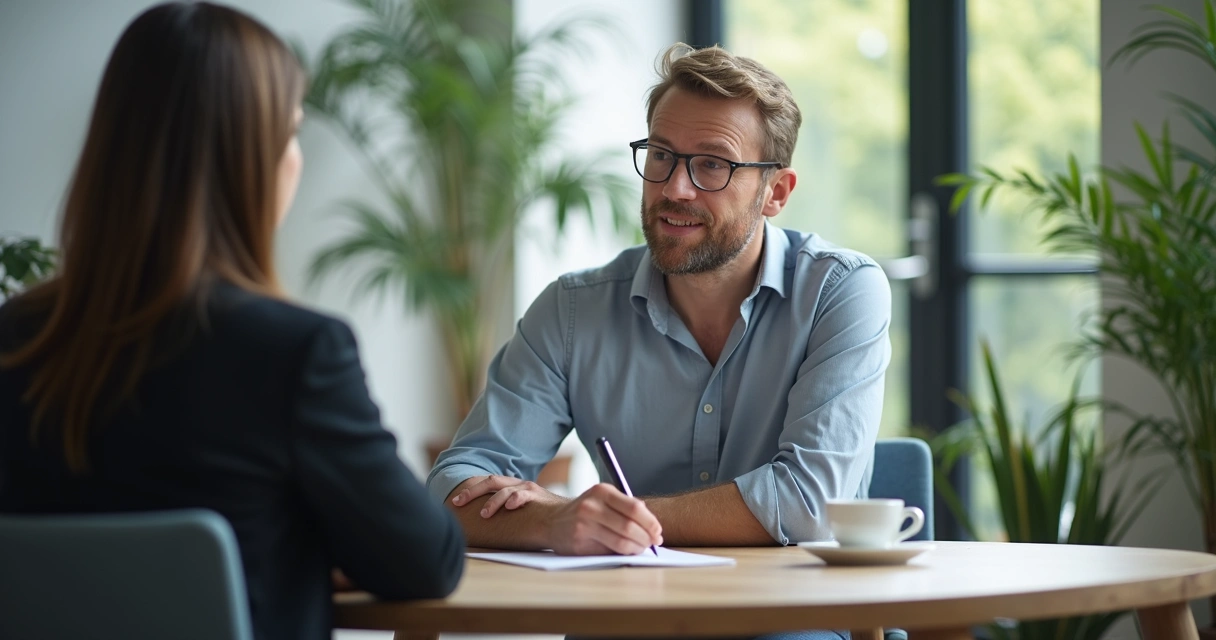 Líder escutando colaborador em conversa privada, ambos sentados em ambiente moderno 