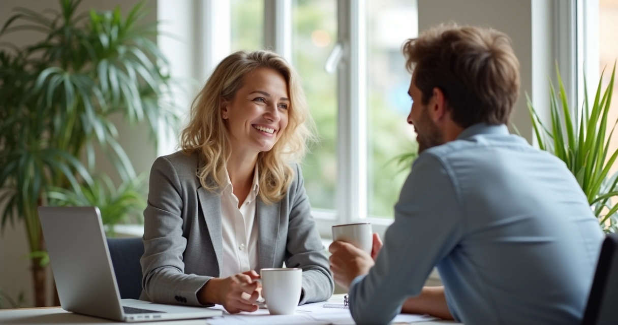 Gerente ouvindo atentamente colaborador em ambiente de trabalho moderno, demonstrando abertura e empatia 