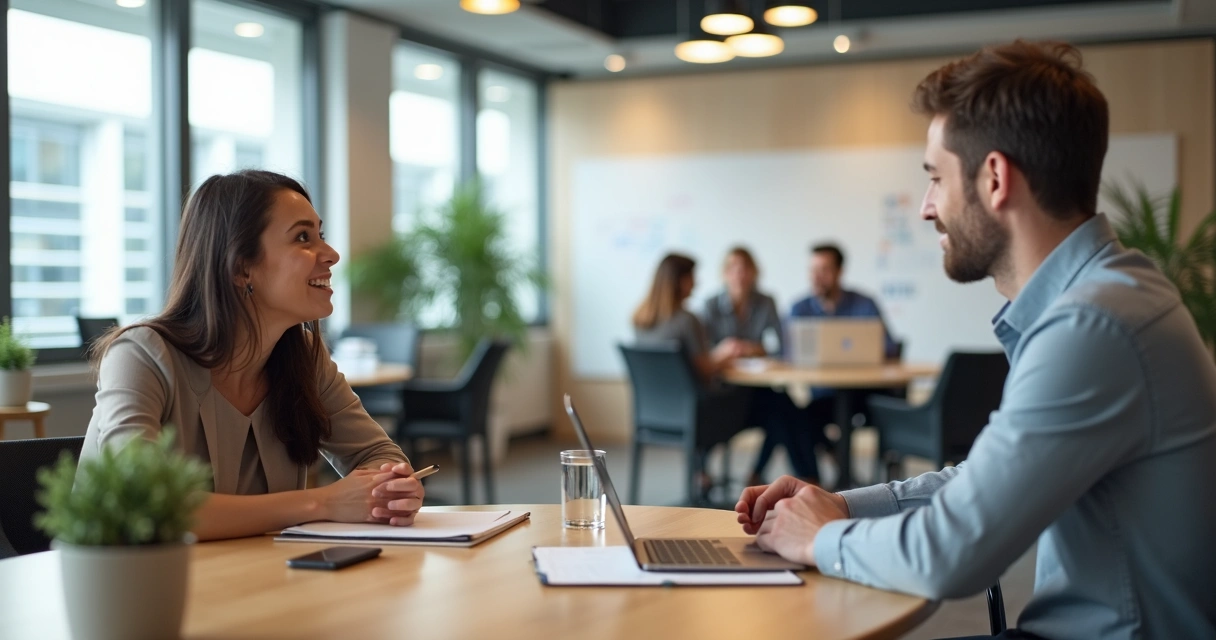 Líder conversa atentamente com colaborador em escritório moderno 