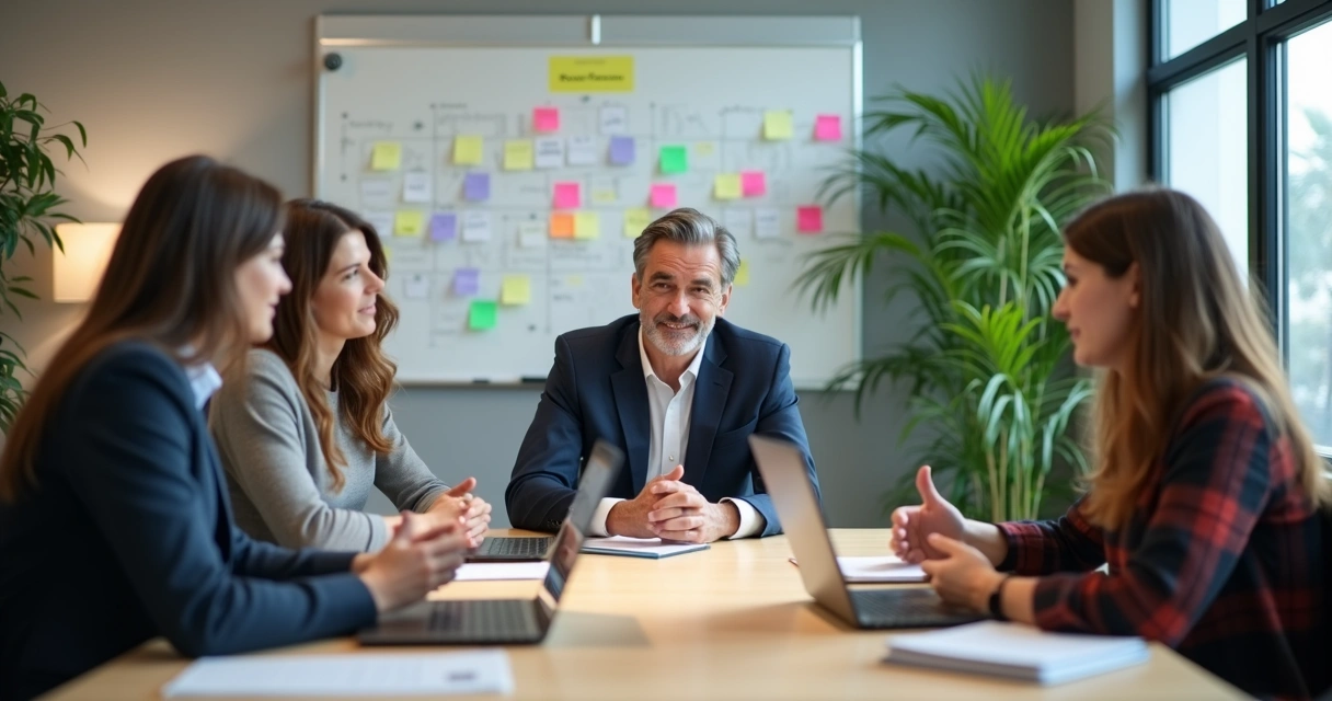 Gestor sentado ouvindo colaboradores em sala de reunião 