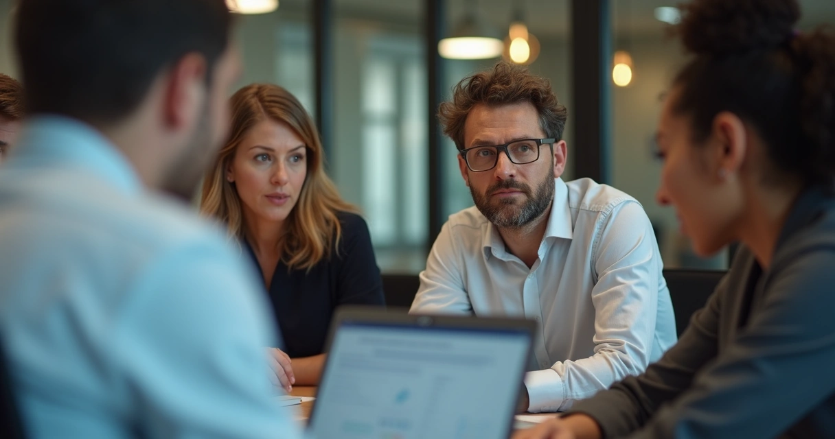 Líder ouvindo atentamente colaboradores durante uma reunião no escritório. 