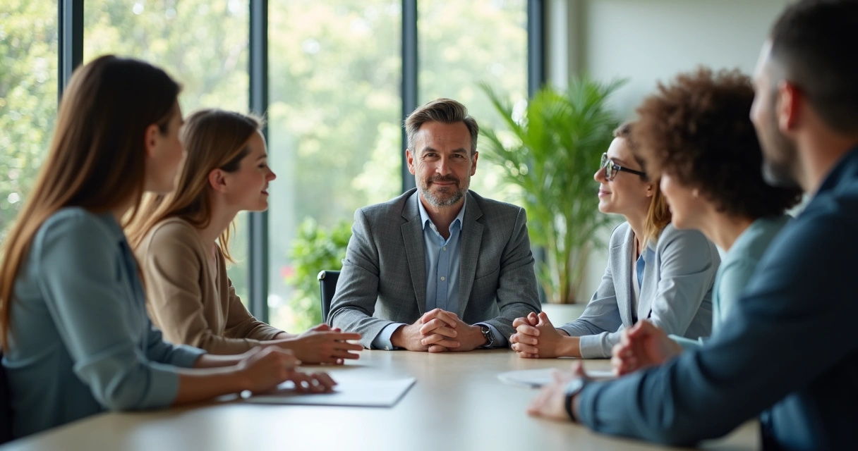 Líder de equipe escutando colaboradores sentados ao redor de mesa de reunião 