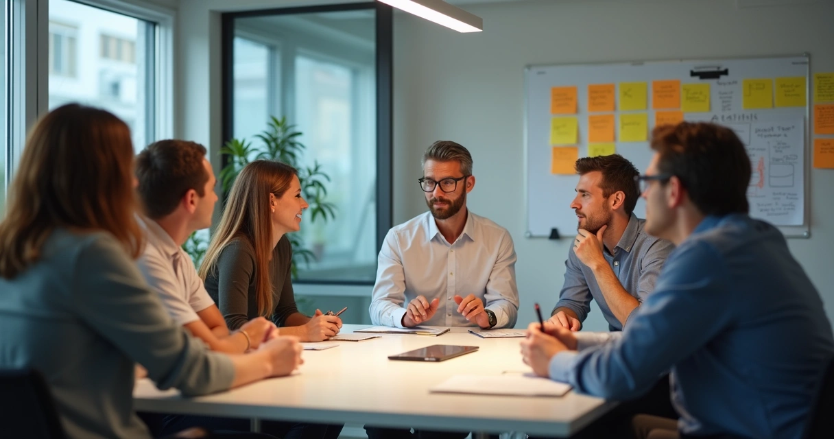 Líder escutando atentamente enquanto equipe compartilha ideias em reunião 