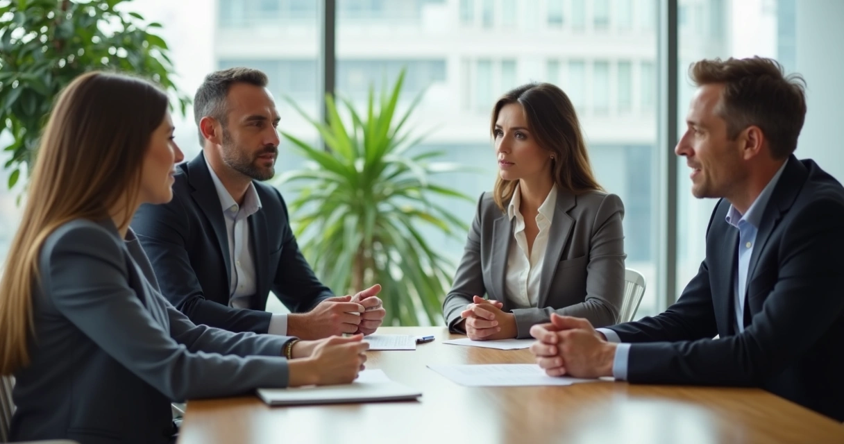 Pessoa liderando equipe em conversa em sala de reunião 