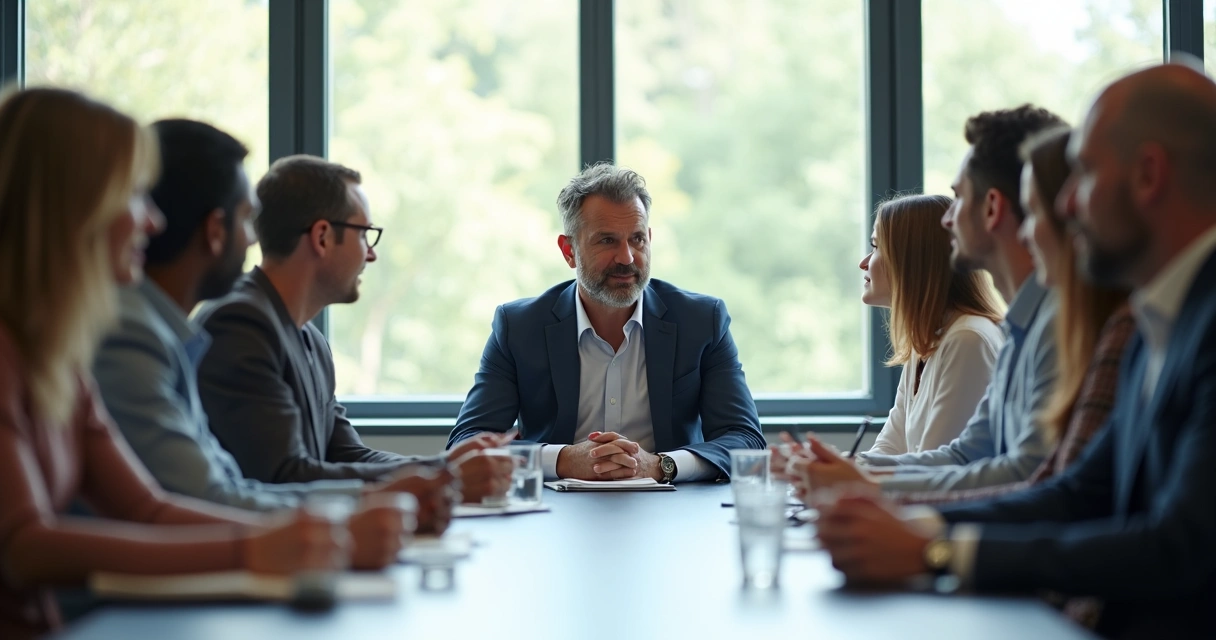 Pessoa em posição de liderança ouvindo atentamente membros de uma equipe em uma sala de reunião 