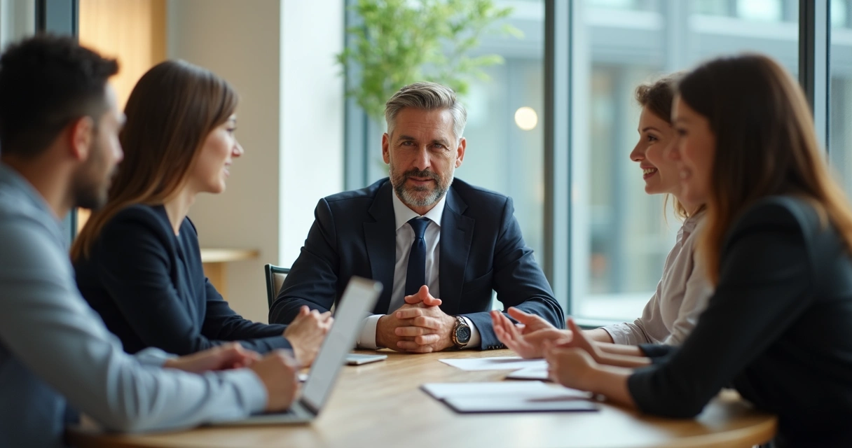Líder em reunião ouvindo equipe em escritório moderno 