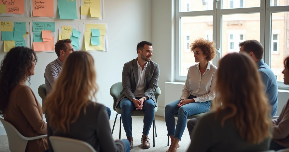 Gestor sentado com equipe em círculo, ouvindo um colaborador falar. 