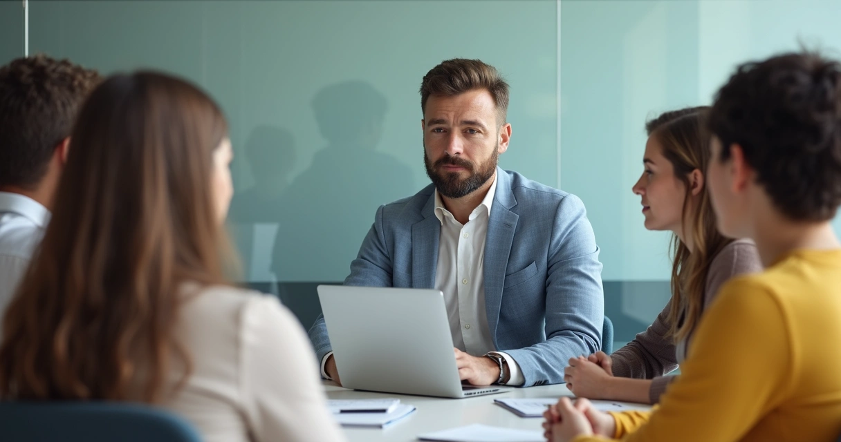 Líder ouvindo atentamente membros da equipe em reunião 