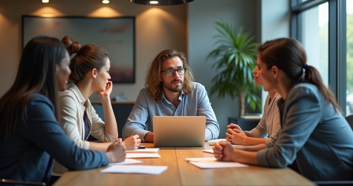Líder ouvindo atentamente membros da equipe em mesa de reunião 