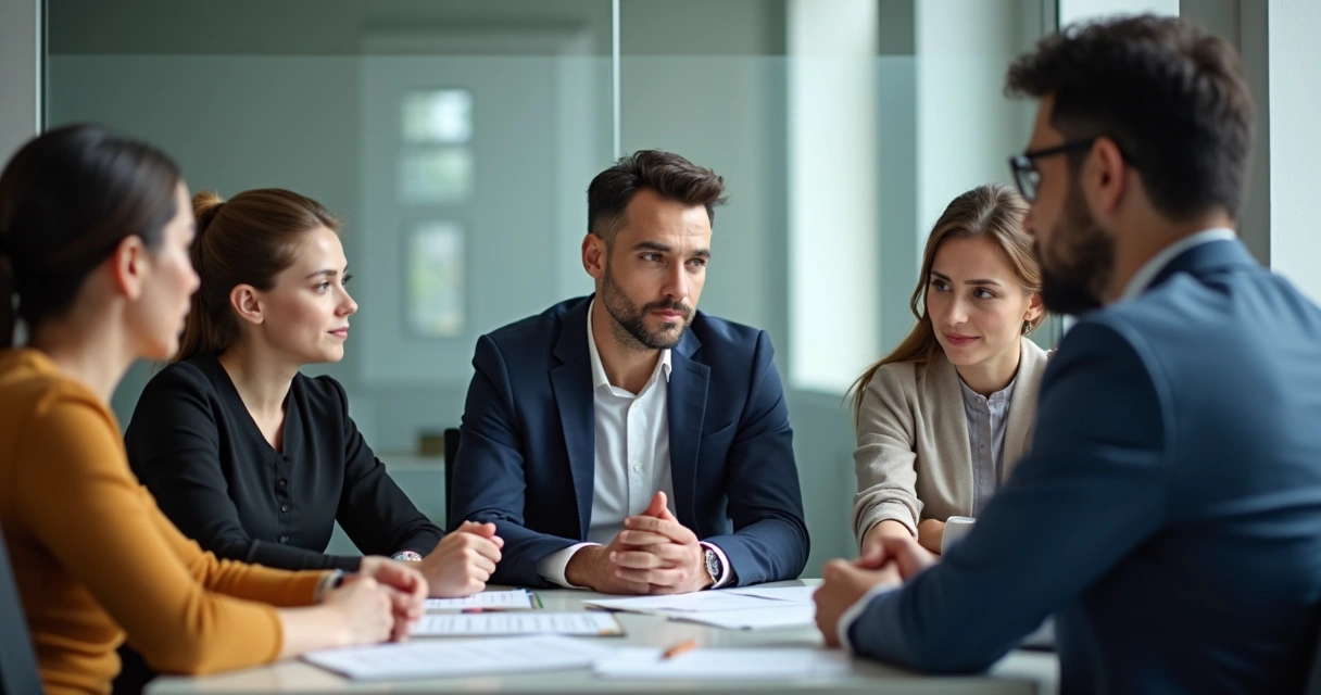 Líder sentado à mesa ouvindo equipe em reunião