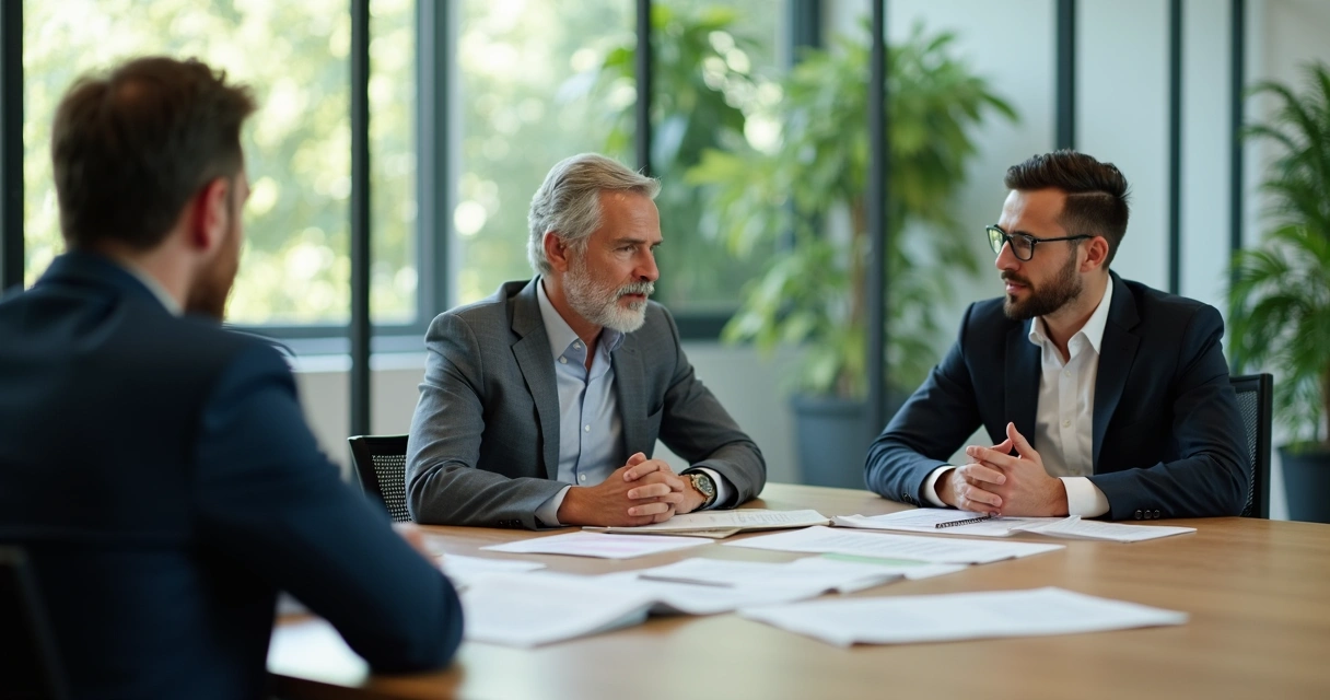 Líder escutando atentamente membros da equipe em sala de reuniões 