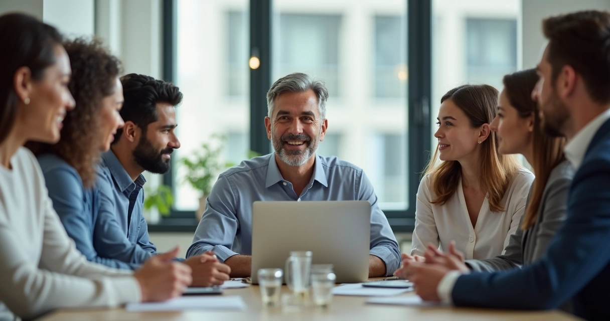 Líder escutando equipe reunida em sala de reunião com expressão atenta 