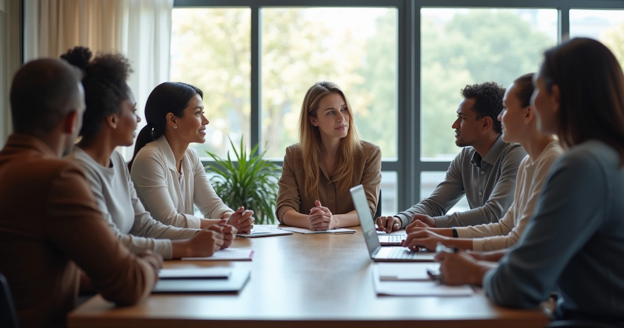 Líder ouvindo opinião de equipe durante reunião no escritório. 