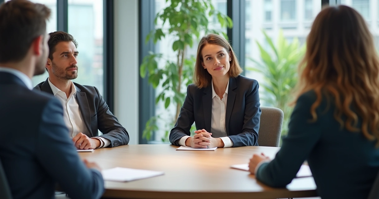 Líder sentado ouvindo ativamente os membros da equipe em uma mesa de reunião.