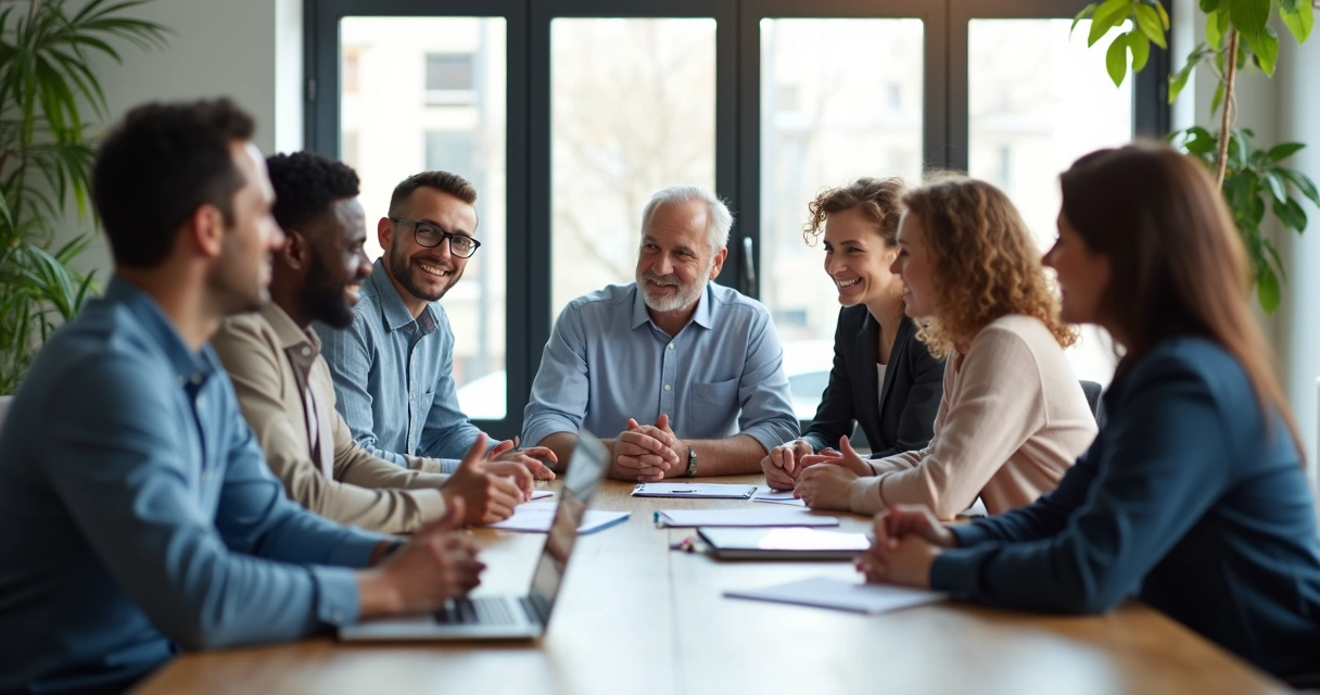 Líder escutando equipe em reunião, pessoas diversas ao redor da mesa