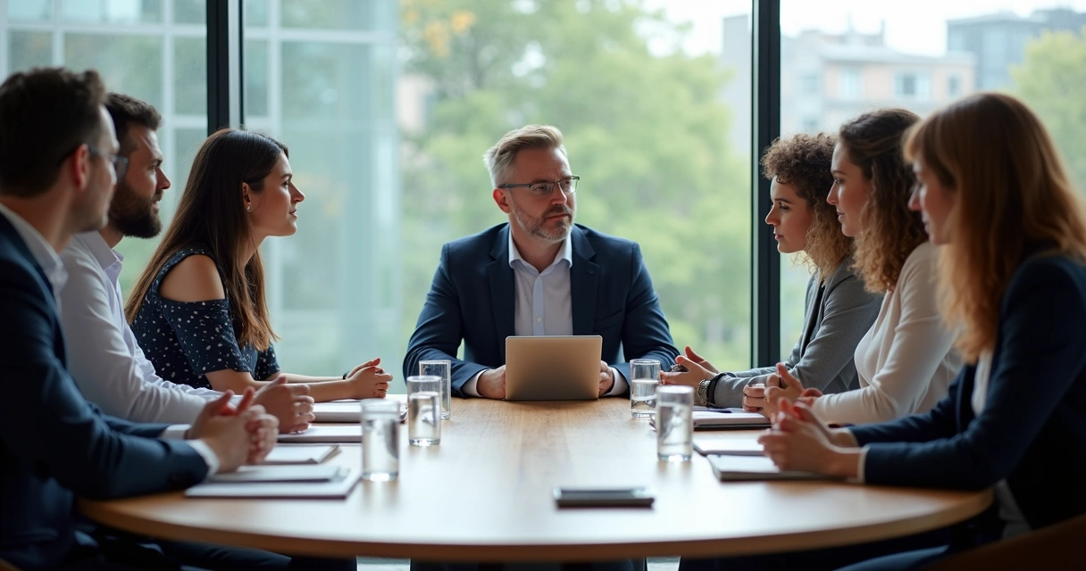Líder ouvindo a equipe em uma reunião de trabalho em torno de mesa redonda 