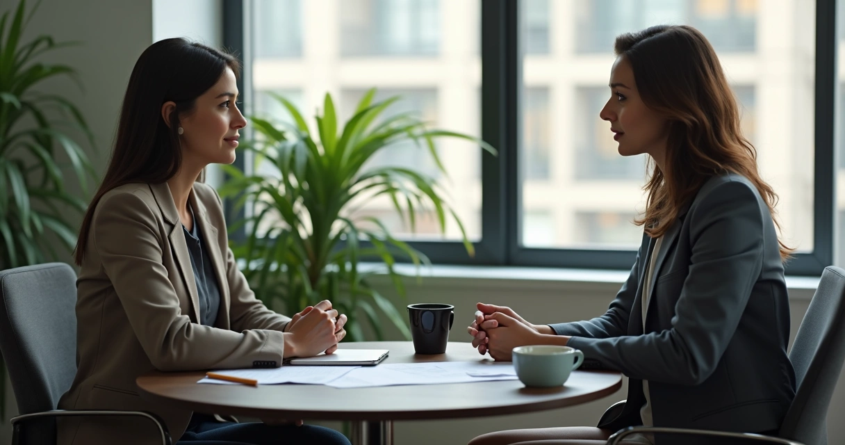 Gestora ouvindo atentamente feedback de colega em escritório 