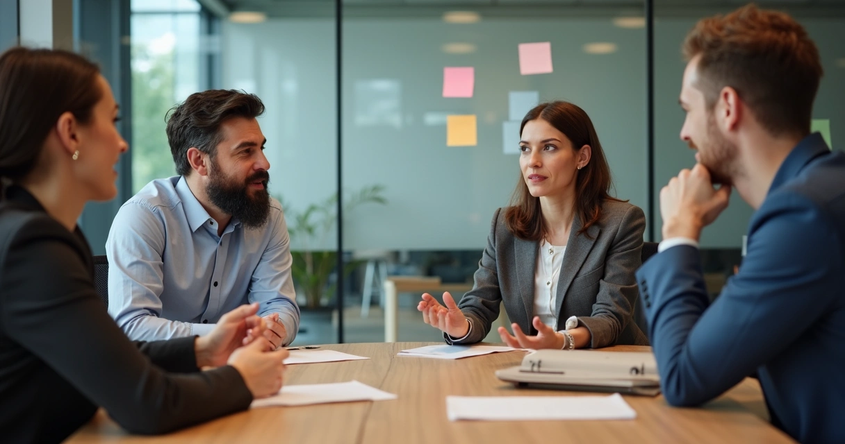 Líder sentado ouvindo atentamente um colaborador em uma sala de reunião moderna 