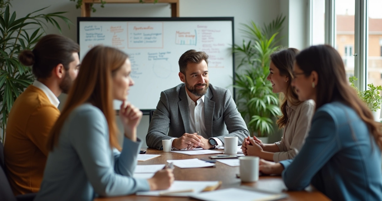 Líder ouvindo feedback de equipe em reunião informal 