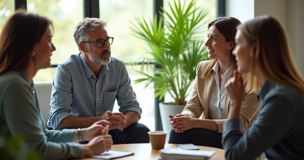 Líder escutando jovens profissionais em roda de conversa no escritório.
