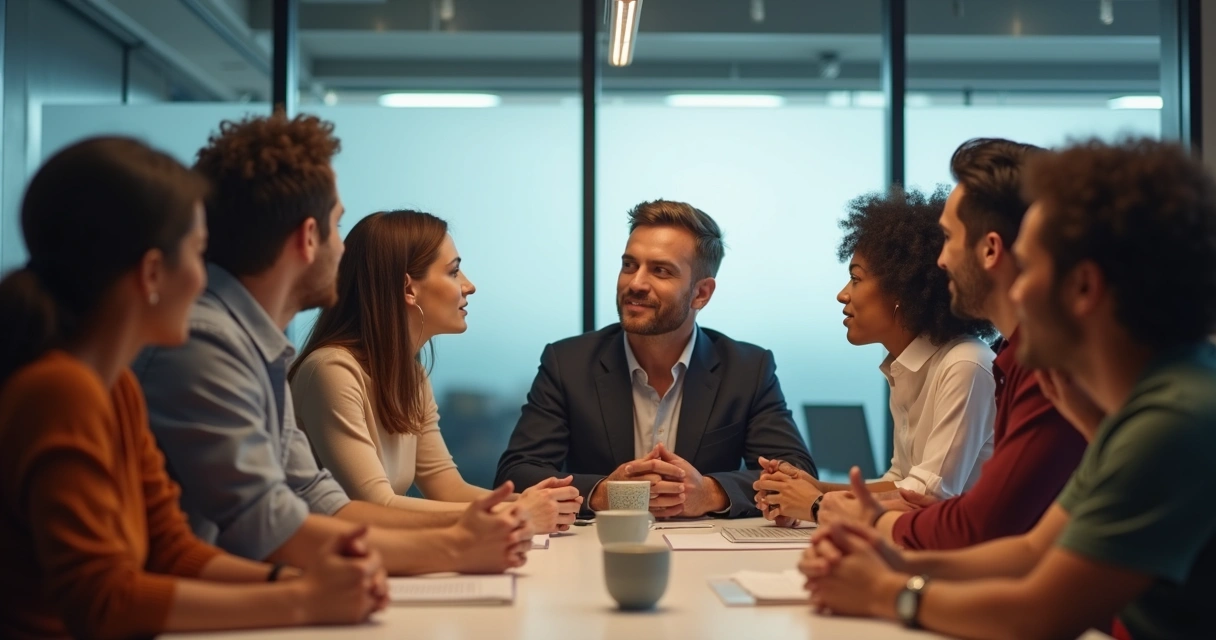Líder ouvindo ideias da equipe em reunião, expressão atenta e ambiente acolhedor 