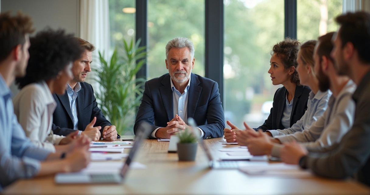 Líder escutando atentamente colegas em reunião de trabalho 