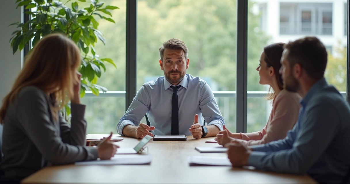 Líder ouvindo integrantes do time em mesa de reunião, todos atentos