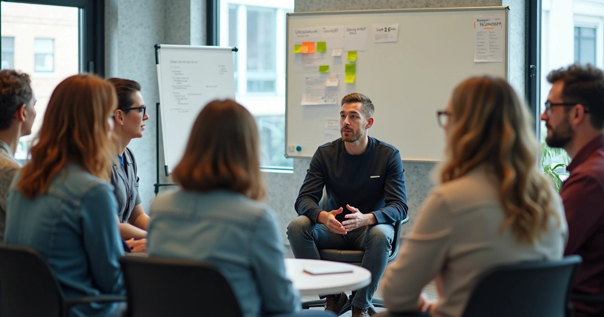 Líder ouvindo sua equipe em roda de diálogo no ambiente de trabalho