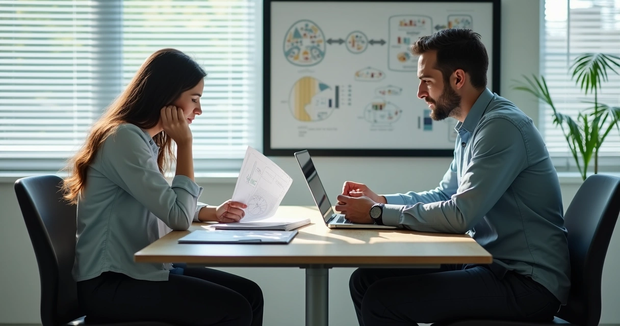 Dois profissionais de tecnologia analisando opções de carreira juntos 