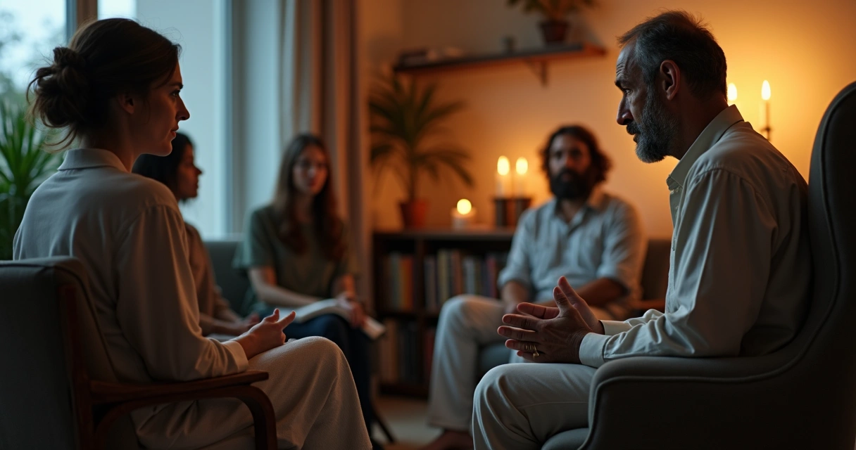 Líder espiritual sentado em círculo mostrando postura de controle sobre seguidora pensativa 