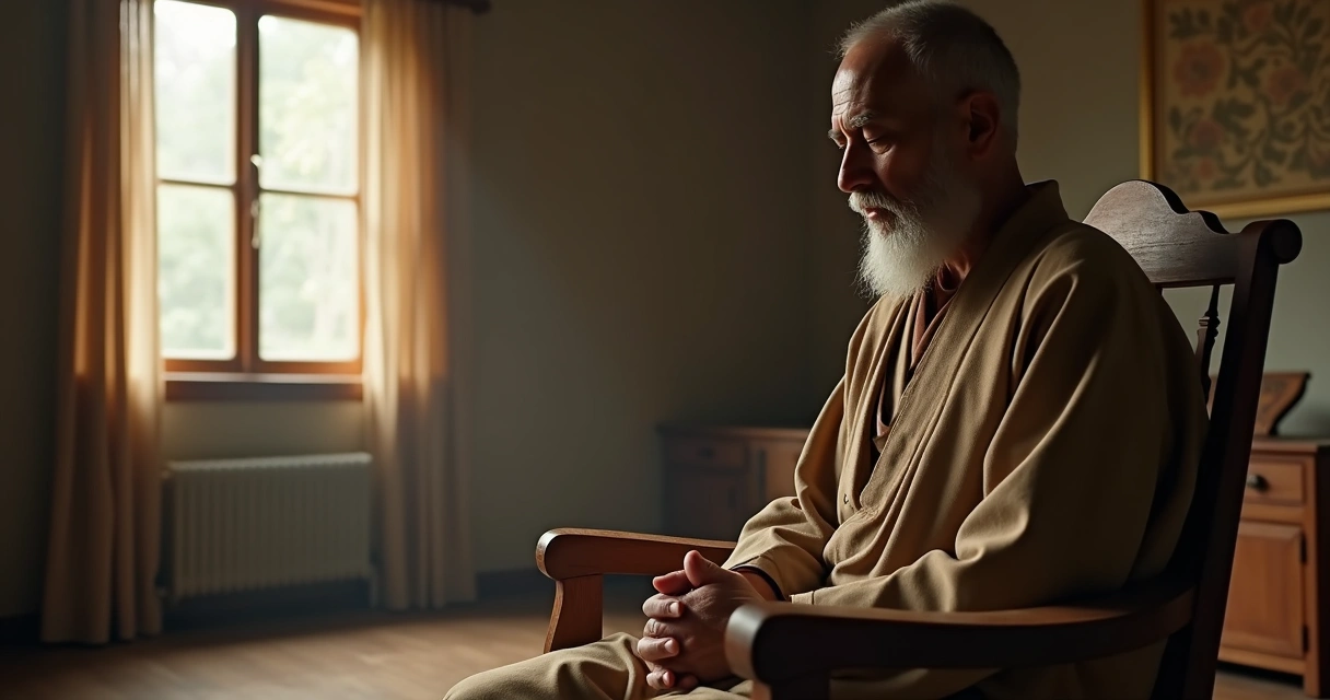 Líder espiritual sentado olhando para baixo em posição reflexiva