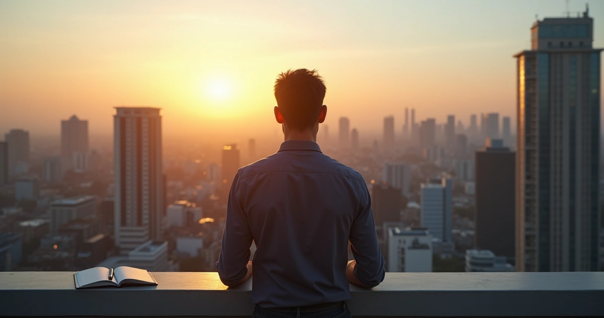 Líder observa la ciudad al amanecer con halo de luz suave alrededor de la cabeza 