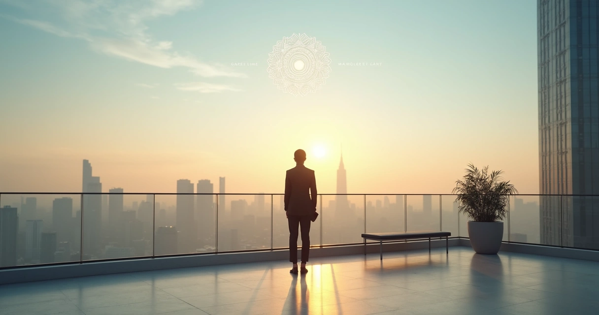 Líder em prédio alto contemplando horizonte luminoso com símbolo abstrato a céu aberto 