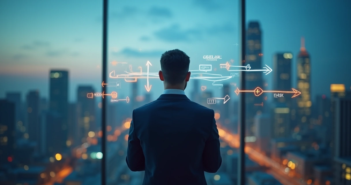 Líder analisando caminhos estratégicos com setas distorcidas em volta da cabeça 