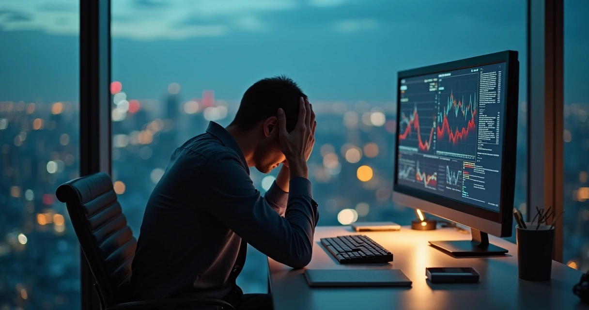 Líder cansado frente al ordenador en oficina oscura con gráficos de negocio al fondo 