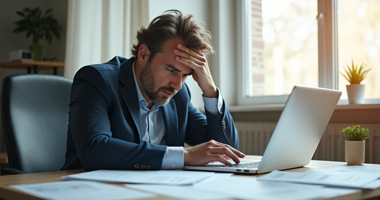Líder sentado à mesa com expressão de cansaço, papéis espalhados e mão na testa 